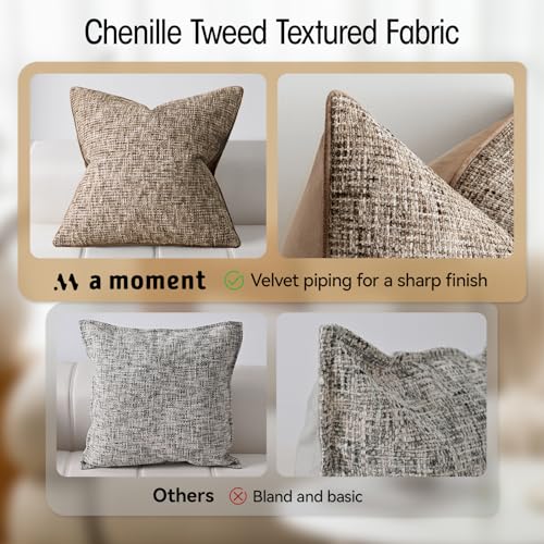 a moment Brown Reversible Pillow Covers 2 Pack - Farmhouse Chenille Throw Pillows, Neutral Textured Decorative Throw Pillow Covers with Border for Couch Sofa Bed (12x20 Inch, No Insert) - color: Brown, size: 20" x 12" (Pack of 2)