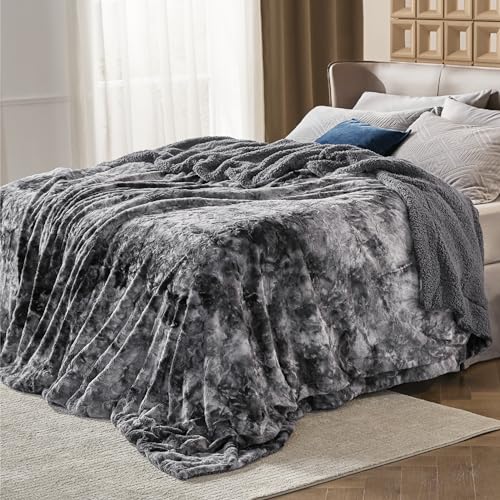Bedsure GentleSoft Sherpa Fluffy Blanket Queen Size for Bed - Fleece Warm and Cozy for Women Gift, Plush & Fuzzy Faux Fur Christmas Blanket for Couch, Sofa Decor, Tie Dye Design, Grey, 90x90 Inches - color: 01 - Grey, size: Queen (90" x 90")