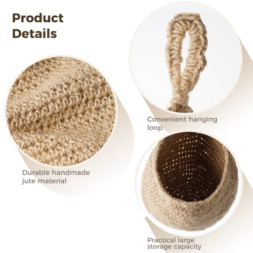 2Pcs Jute Hanging Fruit Baskets, Teardrop Onion Basket for Vegetables, Handmade Jute Wall-Mounted Organizer, Boho Wall Decorative Storage Basket for Kitchen, Living Room, Bedroom