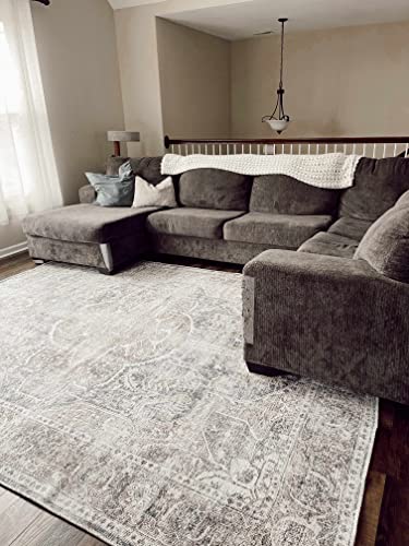 Hauteloom Pegasus Oriental Medallion Living Room Bedroom Area Rug - 0.04" Pile Height - Machine Washable - Vintage Distressed - Traditional Faded - Brown, Navy Blue, Beige - 6'7" x 9' - color: Brown, Charcoal, Light Gray / Mignon, size: 6'7" x 9' (Rectang