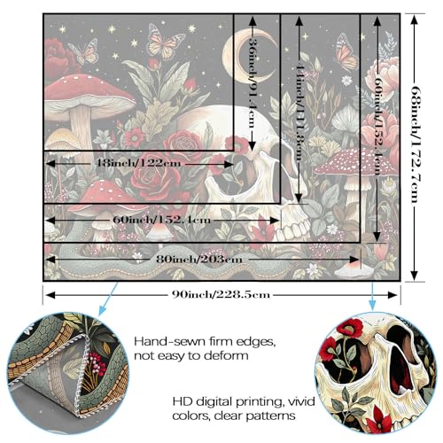 Haibimen Mushroom Skull Tapestry Wall Hanging Gothic Skeleton Floral Snake Moon Stars Tapestries for Bedroom Aesthetic Wallpaper Decor for Living Room, Dorm (Black 2, 48''×36'') - color: Black 2, size: 48''×36''