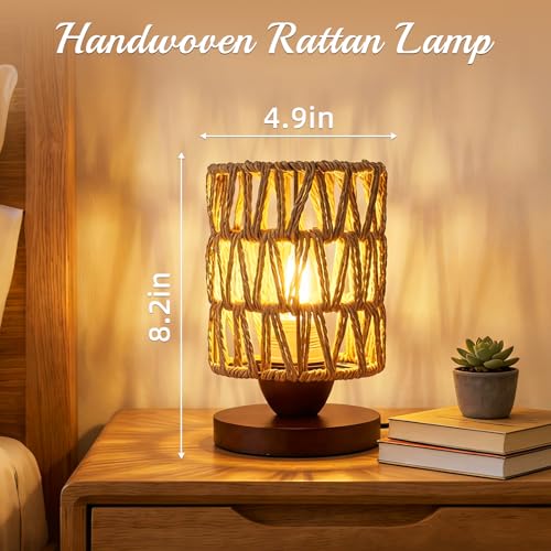 Small Rattan Lamp for Bedroom,Boho Table Lamp for Living Room,Dimmable Woven Bedside Lamp for Nightstands, Handmade Farmhouse Wicker Bamboo Table Lamp for Room Office Decor (LED Bulb Included) - style: B