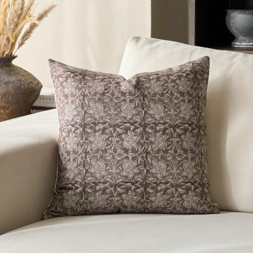 DOMVITUS Floral Pillow Covers 18x18 Throw Pillow Covers Block Print Vintage Decorative Neutral Pillow Cover for Couch Bed Living Room Dark Brown 1PC - color: Dark Brown, size: 18" x 18" (Pack of 1)