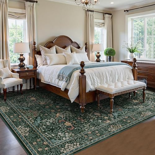 8x10 Floral Washable Area Rug for Living Room, Vintage Boho Large Rugs for Bedroom Dining Room, Botanical Birds Non Slip Low Pile Forest Throw Carpet for Farmhouse Office, Retro Green/Blue - color: Dark Green (Larger Pattern), size: 8' x 10' (Rectangular)
