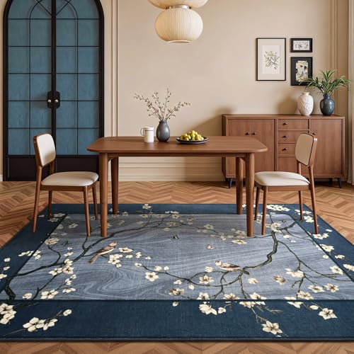 8x10 Area Rugs for Living Room, Oriental Floral Birds Large Washable Rug for Bedroom, Soft Low Pile Non Slip Carpet for Dining Room Kids Room Farmhouse Office Home Decor, Blue - color: Blue, size: 8' x 10' (Rectangular)