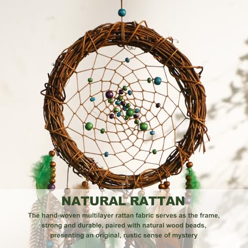 Dream Catcher Native American Boho Dreamcatcher Rattan Wall Decor, Handmade Natural Peacock Feathers Green Colorful Beaded Hanging Oranment Indian Decor for Girls Bedroom (Green Peacock Feather) - color: Green Peacock Feathers