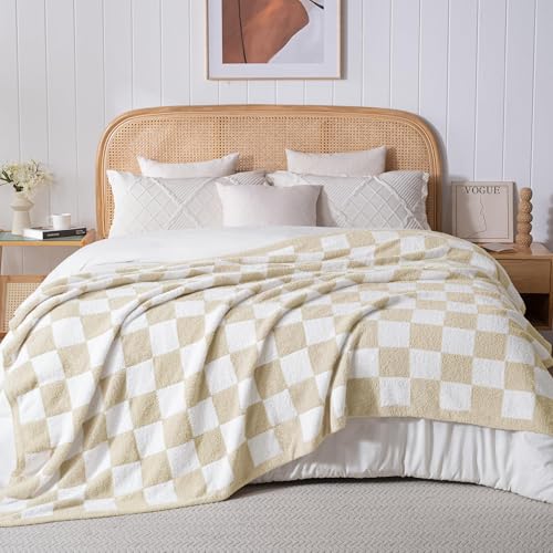Exclusivo Mezcla Checkered Twin Size Knit Blanket for Bed, Ultra Soft and Warm Reversible Woven Blankets, Cozy Snuggly Throw for Couch Bed and Home Decor, Khaki, 60"x80" - color: Khaki, size: Twin (60"x80")