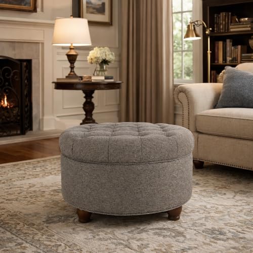 HomePop 25" Button Tufted Round Storage Ottoman - Dark Gray - color: Dark Gray
