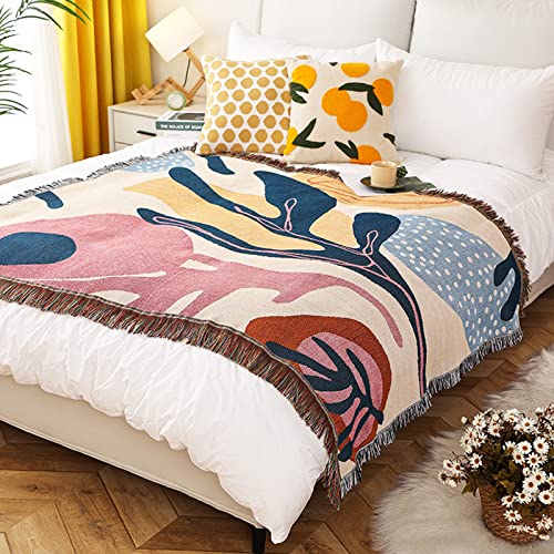 LumiSyne Double-Sided Cotton Woven Throw Blanket with Tassel Jungle Bohemian Style Tapestry Shawl Multi-Function Decorative Throws for Sofa Bed Armchair Camping Blanket Tablecloth Carpet 160x130cm - color: Fantasy