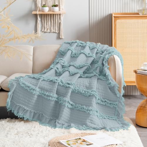 Ultra Soft Pre-Washed Warm Quilted Throw Blanket, Ruffle Fringed Blue Green Boho Decorative Throw, Stone Washed Chic Rustic Blanket for Sofa Couch Bed Chair, 50"x 60" - color: Blue Green, size: 50"x60"