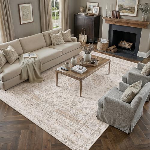 8x10 Washable Area Rug Beige Vintage Non Slip Soft Low Pile Rug for Living Room Bedroom Dining Room Office Distressed Oriental Indoor Large Throw Carpet for Home Decor - color: Light Beige, size: 8' x 10' (Rectangular)
