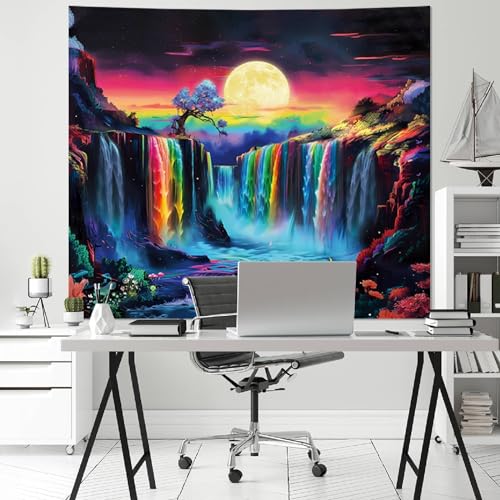 Apdidl Blacklight Posters Waterfall Moon Tapestry, Black Light Neon UV Reactive Mountain Tree Tapestries Wall Hanging, Fantasy Landscape Wave Nature Tapestry for Bedroom Room Dorm Decor (51"X60") - color: Waterfall Blacklight Tapestry, size: 60"L x 51"W