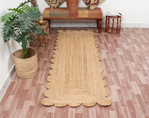 Hand Woven Natural Jute Scalloped Rug, Reversible Boho Entry Area Rugs for Kitchen, Living Room, Farmhouse Indoor Outdoor Decorative Floor-Rug, Bohemian Style Size 2x3 Ft - size: 2' x 3' (Scalloped)