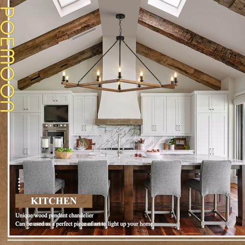 Rustic Oak Wooden Square Chandelier 10-Light L53'' Farmhouse Unique Rectangular Candle Chandelier Long Ceiling Pendant Lighting for High Ceiling Living Dining Room Foyer Kitchen Island, E12 - color: Golden Oak, size: 53 inches