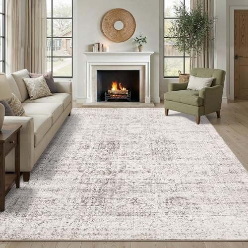 Area Rug 5x7 for Living Room - Machine Washable Area Rugs for Bedroom Vintage Stain Resistant Non Slip Low Pile Carpet for Dinning Room Farmhouse Kids Room Home Office,Brown/White - color: Brown/White, size: 5' x 7' (Rectangular)