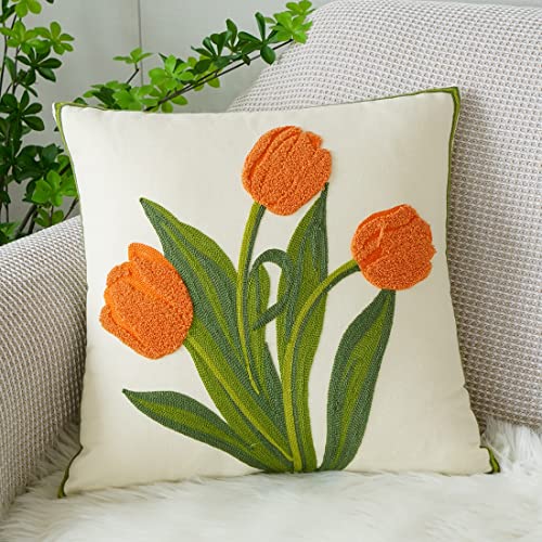 vctops Farmhouse Tulip Cotton Tufted Throw Pillow Cover Spring Floral Embroidery Pillowcase Soft Square Cushion Case for Sofa Couch Bed Chair (Orange,18"x18") - color: Orange