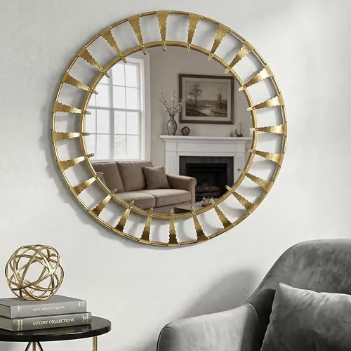 Gold Sunburst Round Wall Mirror 32", Decorative Circle Metal Frame Mirror,Large Decorative Circular Wall Mirror for Entryway or Bedroom - color: Sunburst - 32"l X 32"w