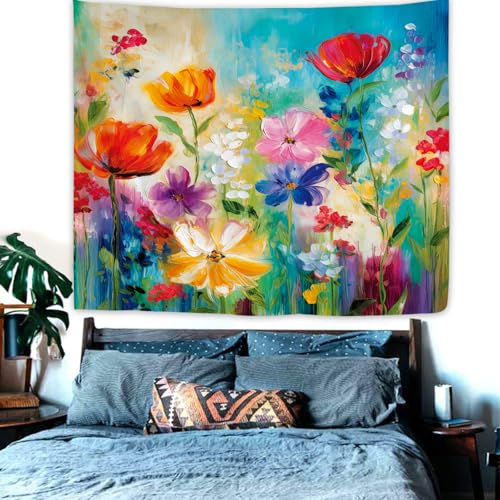 Colorful Flower Tapestry 59W by 51H Inch Wall Hanging Oil Painting Abstract Plant Wildflower Art Bedroom Living Room Dorm Polyester Fabric Home Decor - color: Colorful Flower Art, size: 59"L x 51"W