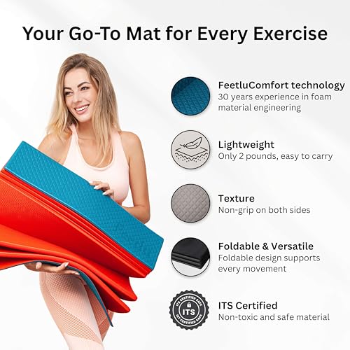 Foldable Yoga Exercise Mat, 6mm/8mm/10mm/12mm Thickness, 72 x 24 Inch - Lightweight, Anti-Slip, and Easy to Store for Yoga, Pilates, Home Workouts, and Floor Exercises - color: Teal/Orange, size: 24" x 72" x 1/4"