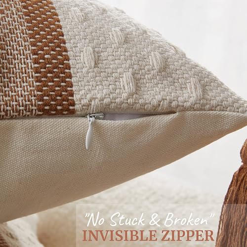 Boho Throw Pillow Covers with Tassels Woven Set of 2, 18x18 Inch Striped Textured Couch Throw Pillows for Couch Bed Sofa Bedroom Modern Funky (Light Brown, 18"x18"(Pack of 2)) - color: Light Brown