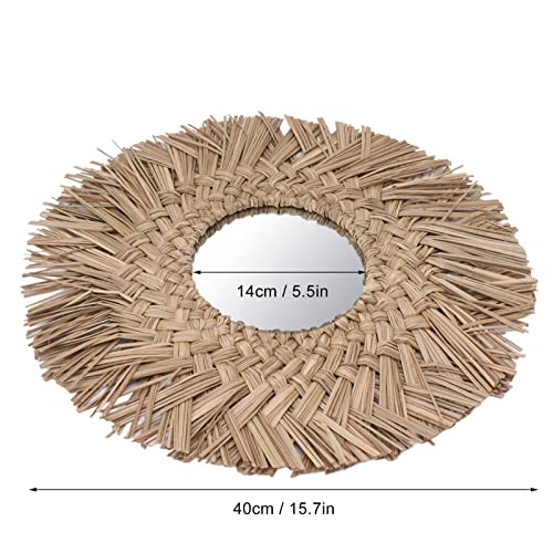 Retro Straw Weave Hanging Mirror, Rattan Boho Circle Mirrors for Wall Decor, Wall Mounted Mirror (Nature) - color: Nature