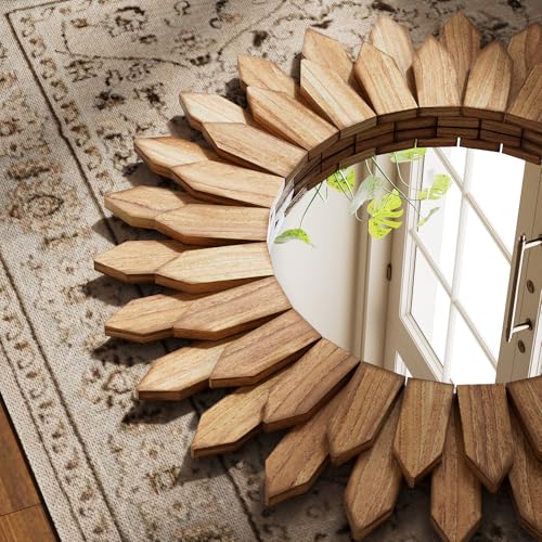 Boho Wood Sunburst Round Wall Mirror, 20 Inch Rustic Circle Wooden Frame Decorative Mirror for Farmhouse Coastal Home, Home Wall Decor for Living Room Entryway Bedroom, Light Wood - color: Brown, size: 20"L x 20"W