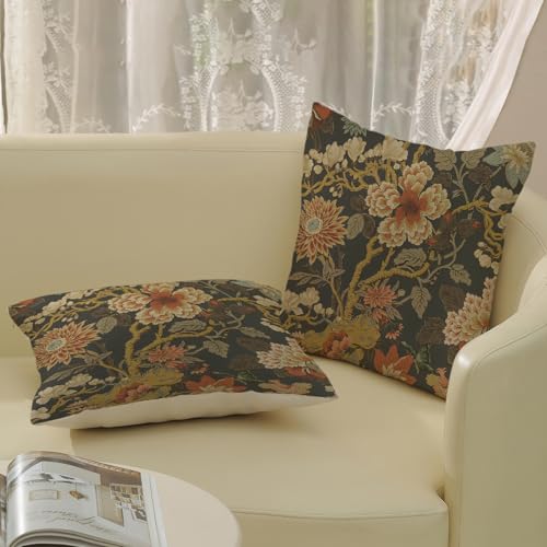 Chinoiserie Throw Pillow Covers 18x18 Inch 2 Pcs Brown Grey Burnt Orange Floral Decor Pillow Covers Vintage Flower Fall Outdoor Boho Decorative Pillowcase Linen Cushion Cover for Couch - color: Chinoiserie Brown Grey Floral, size: 18" x 18" (Pack of 2)
