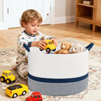 67L Large Blanket Basket, 20"x13" Blanket Basket Living Room, Woven Baskets With Handle, Toy Baskets for Blankets, Nursery, Dog, Pillow, Gift (White & Navy Blue) - color: White & Navy Blue, size: 67L