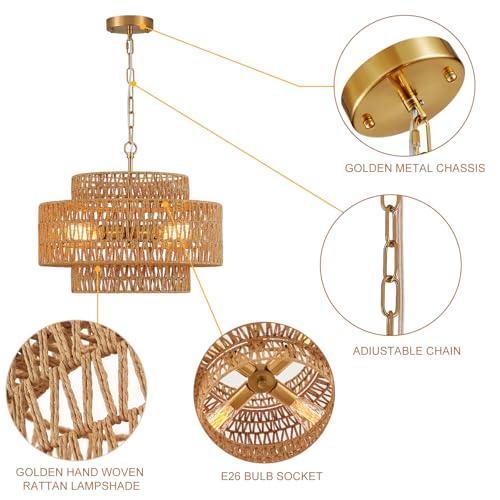 17.8" Boho Rattan Chandelier Light Fixture, 4-Light Golden Hand Woven Pendant Light Fixture Farmhouse Rustic Wicker Chandeliers for Kitchen, Bedroom, Dining Room, Living Room, Hallway, Foyer - color: Gold 17.8"