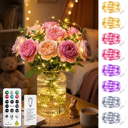 8 Pack Rechargeable LED Fairy Lights 7Ft 20LED Battery Operated with Remote, DIY Timer & 8 Modes, Mini Twinkle String Lights for Indoor Christmas Wedding Mason Jar Bedroom Table (Multicolor) - color: Multicolor