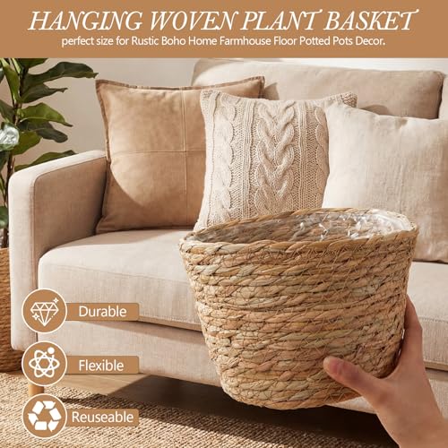 6 Pcs Seagrass Hanging Planter Basket Hand Woven Plant Basket with Plastic Liners Hanging Plant Holder Storage Containers with Cotton Rope for Indoor Garden Decor (Medium,Brown) - color: Brown, size: Medium