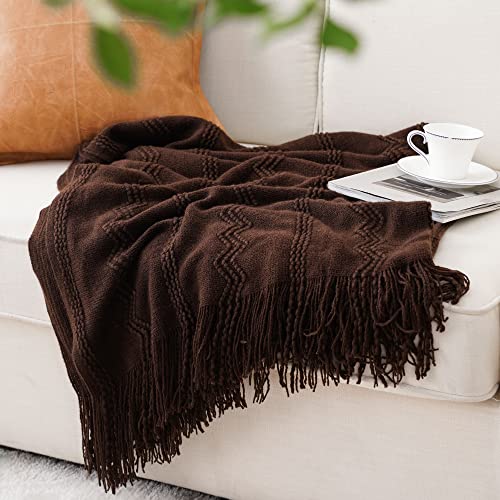 BATTILO HOME Brown Throw Blanket for Couch, Chocolate Knit Decorative Boho Throw for Home, Bed, 50"x60" - color: Brown Wavy, size: 50 x 60 in.