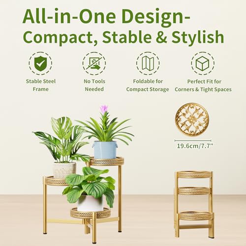 Metal Plant Stand Indoor Outdoor, 3 Tier Corner Plant Shelf for Multiple Plants, Gold Tiered Plant Stand, Heavy Duty Flower Holder, Folding Tall Rack for Garden Patio Balcony - GoldWave - color: GoldWave, size: 3-tiers