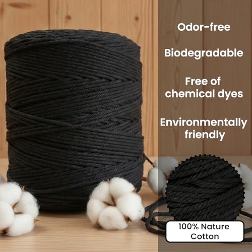 547 Yards Macrame Cord 4 Strand Twisted Recycled Cotton 4mm Black String for Crafts Wall Hangings Plant Hangers DIY Knitting Macrame Supplies - color: Black, size: 4mmx547Yards