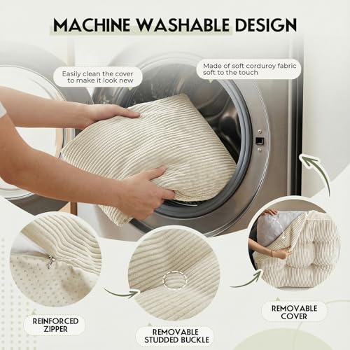 11" Thick Washable Floor Pillow for Adults, Yoga & Meditation Cushion with Handle, Square Large Pillows Seating with Removable Tufted Corduroy Cover for Tatami Living Room Board Games, Cream - color: Cream