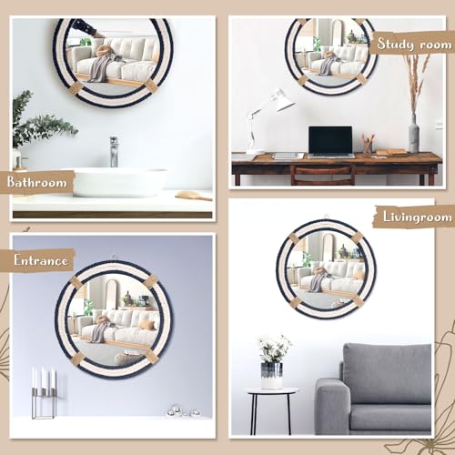 Vercraft Nautical Coastal Mirror 16" Wall Decor with Rope Wrapped Trim and Hanging Loop Round Circle Nursery Mirror Nautical Boho Rustic Decorative for Living Room, Bedroom Blue and White - size: 16"L x 16"W