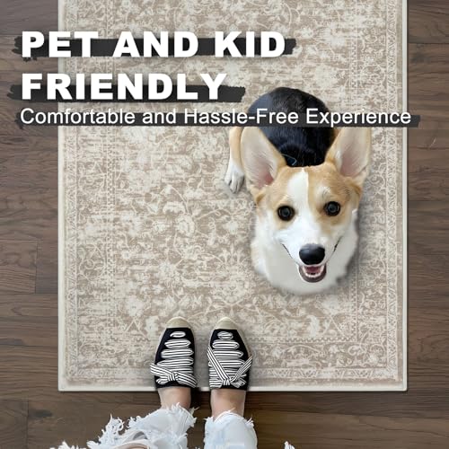 KILOCOCO Hallway Runner 2x5 Kitchen Runner Rug Printed Vintage Floral Washable Non-Slip Runners for Hallways Laundry Room Rugs Distressed Boho Rug for Bedroom, Beige - color: Beige/White, size: 2' x 5' (Runner)