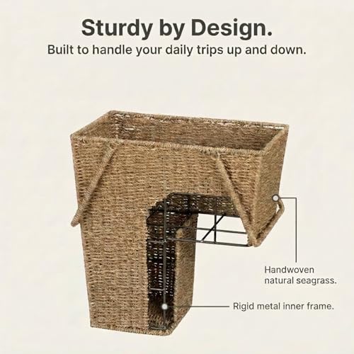 Household Essentials Wicker Stair Basket with Handles, Handwoven Seagrass, Natural - style: Seagrass and Corn Husk
