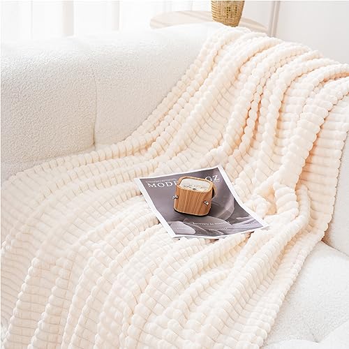 Cream White Throw Blanket 50"×70" Decorations Fleece Super Soft Plush Fuzzy Cozy Blanket with Square 3D Jacquard Grid Design Luxury Lightweight for Couch Sofa Chair - color: Cream White, size: 50"×70"