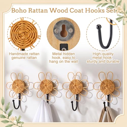Colingmill 4 Pcs Boho Rattan Wall Towel Hooks Decorative Woven Hanging Holder Farmhouse Coat Rack Hooks Wood Coat Rack Wall Mount Vintage Decorative Hook for Hanging Coats (Flower) - style: Flower
