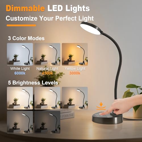 15W LED Desk Lamp with USB Charging Ports – Dimmable Table Lamp with 3 Color Temps, 5 Brightness, 4 Timers, Flexible Gooseneck Light with Base, Eye-Caring Reading Light for Home Office, Bedroom, Study - color: Black, size: 3.5'' Lamp