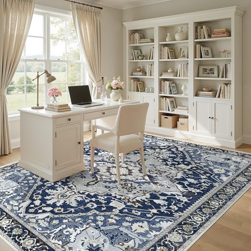 9x12 Blue Washable Area Rug - Large Boho Vintage Farmhouse Living Room Rug with Non-Slip Backing, Faux Wool Low Pile Indoor Carpet for Bedroom, Under Dining Table, Office - Navy Blue Multi - color: Navy Blue& Multi, size: 9' x 12' (Rectangular)
