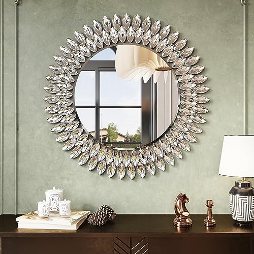 Kelly Miller 26" Jeweled Luxury Round Decorative Wall Mirror | Elegant diamond beveled vanity mirror. Perfect wall mirror for living room, bedroom, entryway. - size: 26"L x 26"W