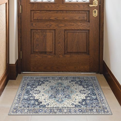 GENIMO Area Rug 2x3 Doormat, Machine Washable Low Pile Rugs, Small Retro Entryway Mat for Entrance, Hallway, Kitchen and Corridor, Center Blue - color: Area Center Blue, size: 2' x 3' (Rectangular)