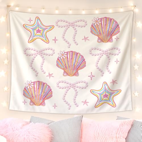 Lacama Bow Coastal Beach Tapestry, Cute Tapestry Decorative for Teen Girls Room Bedroom College Dorm Apartment, College Dorm Decor, 50x60 Inches - color: bow conch