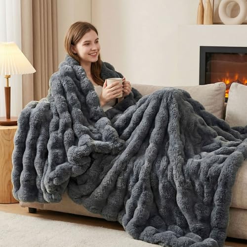 JONIYEAR Solid Thick Fuzzy Bubble Faux Rabbit Fur Blanket Twin Size 60" x 70", Decorative Bumpy Cute Cozy Fluffy Gray Warm Blanket for Winter, Oversized Reversible Poofy Comfy Shag Furry Throw, Grey - color: Grey - 900gsm, size: Twin Size - 60" x 70"