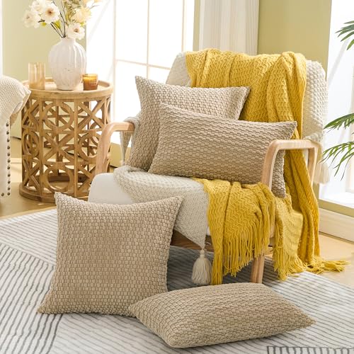 GAWAMAY Decorative Throw Pillow Covers 24x24 Inch Set of 2 for Living Room Couch Bed Sofa, Farmhouse Square Cushion Cover Soft Striped Corduroy Pillow Cases Boho Accent Home Decor (60x60cm) Beige - color: Beige, size: 24" x 24" (Pack of 2)