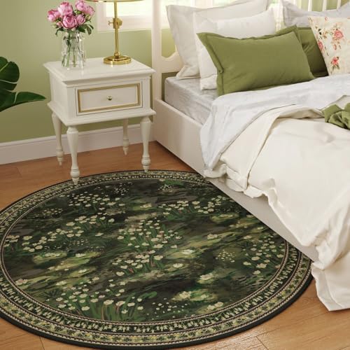 Rugcomf Circle Rug Impressionist-Style Vintage Round Rug 4ft Non Slip Low Pile Small Circular Rug for Bedroom Bathroom Entryway Kids Room Office College Dorm, Green - color: Green, size: 4' (Round)