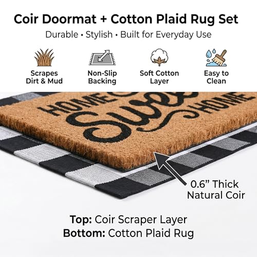 Home Sweet Home Doormat Set, 2-Piece Layered Front Porch Mat Combo, Natural Coir Welcome Mat with Black and White Buffalo Plaid Rug, Farmhouse Outdoor Entryway Decor for Porch, Patio, Home