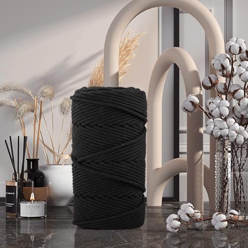 Macrame Cotton Cord 6mm x 109 Yards, ZUEXT 100% Natural Handmade Colorful 4 Strands Twisted Braided Cotton Rope for Wall Hanging Plant Hangers Gift Wrapping Tapestry DIY Crafts (100m, Black) - color: Black, style: 6mm x 100m